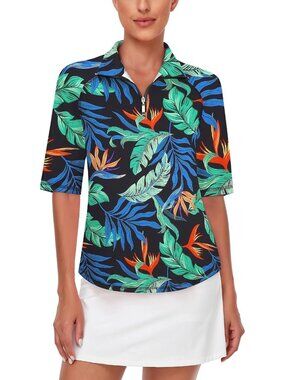 Womens Multi-leaf Golf Shirt Quick Dry Half Sleeve 1/4 Zip Tennis Top M-3XL